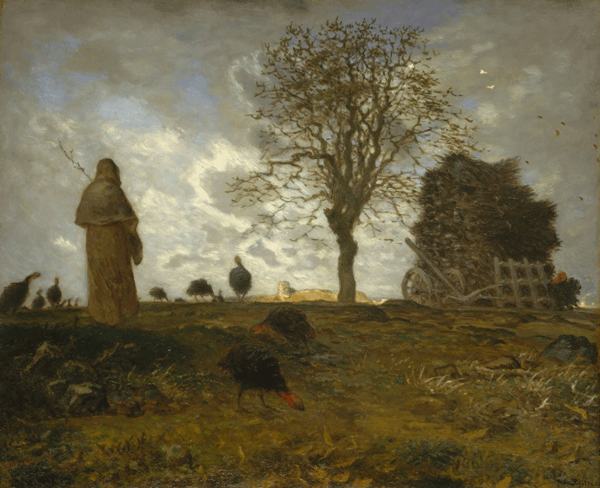 Paisatge de tardor amb un grup de galls dindis, Jean-François Millet, 1917, Open Access for Scholarly Content (OASC) via Met website, domini públic.