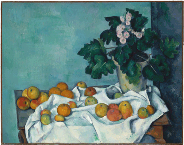 Still Life with Apples and a Pot of Primroses, Paul Cézanne, 1890, Open Access for Scholarly Content (OASC) via Met website.