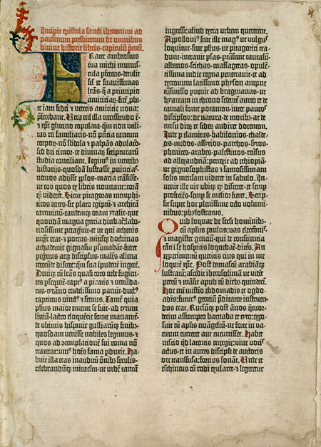 Figura 10. Primera página del primer volumen de la Biblia de Gutenberg: epístola de San Jerónimo