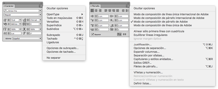 Figura 79. Panells de caràcter i paràgraf d’InDesign (Adobe)